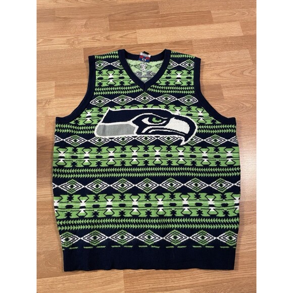 NFL Seattle Seahawks Ugly Sweater Vest Men’s Large Knit Holiday Large Logo - Picture 4 of 10